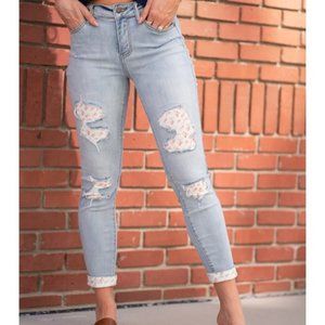 Judy Blue Womens Jeans Distressed Floral Patch Mid Rise Skinny Fit 16W 32x26